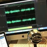 A behind the scenes look of recording my podcast, on an iMac, using a blue snowball mic, and having my macbook with an outline